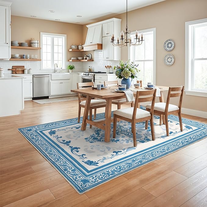 SOULFUL Medium Pile 8x10 Rugs for Living Room - Soft Foot Feel Large Area Rug - Blue Boho Floral - Washable Non-Slip - Perfect for Bedroom Kids Room Under Dining Table Office