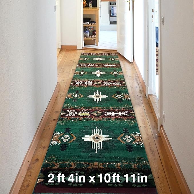 YHSF South West Native American Area Rug C318 - Easy Clean, Thick, Soft, Durable Native Tribal American Indian Inspired Rug for Bedroom/Living Room and More - Hunter Green, 2 ft 4 in x 10 ft 11 in
