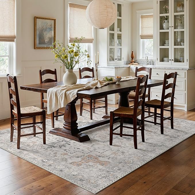 Bavni Washable Rug 5x7 Area Rug for Living Room Bedroom Dining, Washable Vintage Print Carpet, Ultra-Thin Low Pile Lightweight Rug with Non Slip Backing, Light Taupe Brown