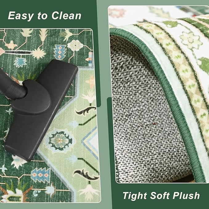 3x5 Green White Area Rug for Living Room, Machine Washable Rugs with Non-Slip Backing for Bedroom, Vintage Medallion Carpet Kitchen Laundry Kids Room Decor