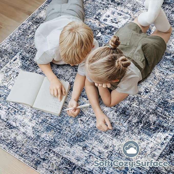 Area Rug 8x10 Washable Rug, Vintage Boho Medallion Rugs Non-Slip Soft Low Pile Large Distressed Rug Indoor Retro Carpet for Living Room Bedroom Dining Room Home Office (Blue, 8'x10')