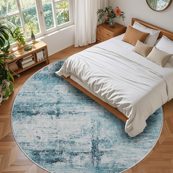 Round 6ft Area Rug Modern Abstract Washable for Living Room Bedroom Dining Room Home Office Teal Gray