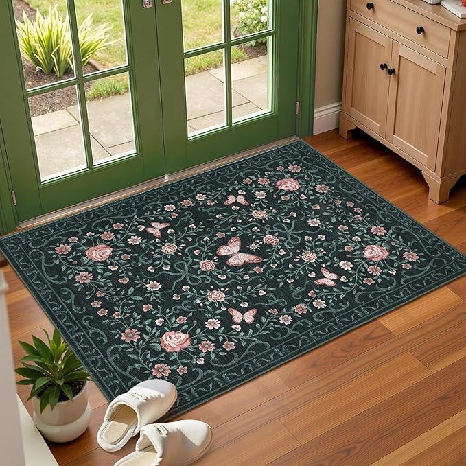 GarveeHome 2x3 Floral Area Rug Non Slip Entryway Mat Low Pile Stain Resistant Butterfly Kitchen Rugs Soft Small Throw Carpet for Dining Room Bedroom Washable Bow Rugs for Living Room Bathroom, 2x3