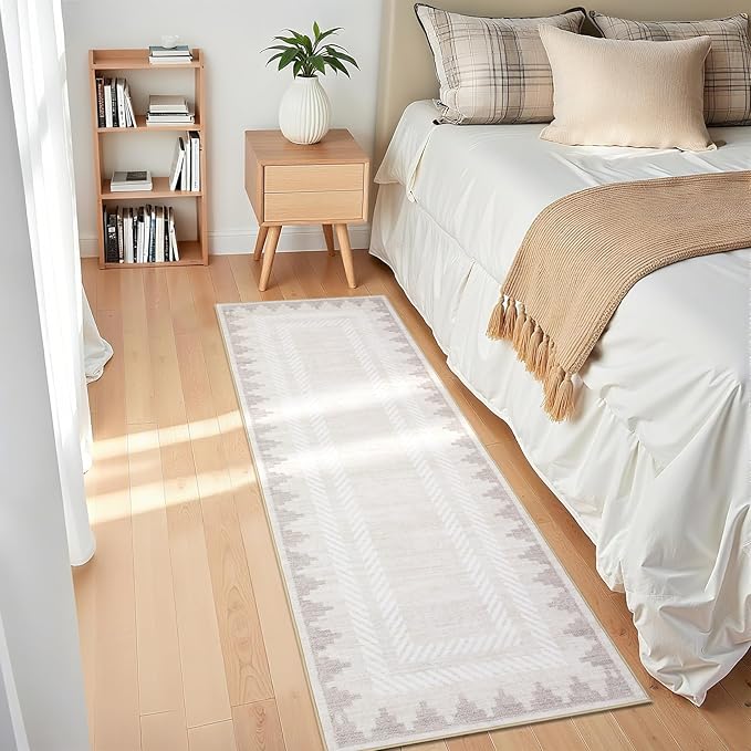 Bordered Washable Non Slip Runner Rug 2x6 for Hallway Kitchen Modern Fodable Stain Resistant Soft Bedroom Living Room Rugs Geometric Non-Shedding Low Pile Long Carpet, Beige