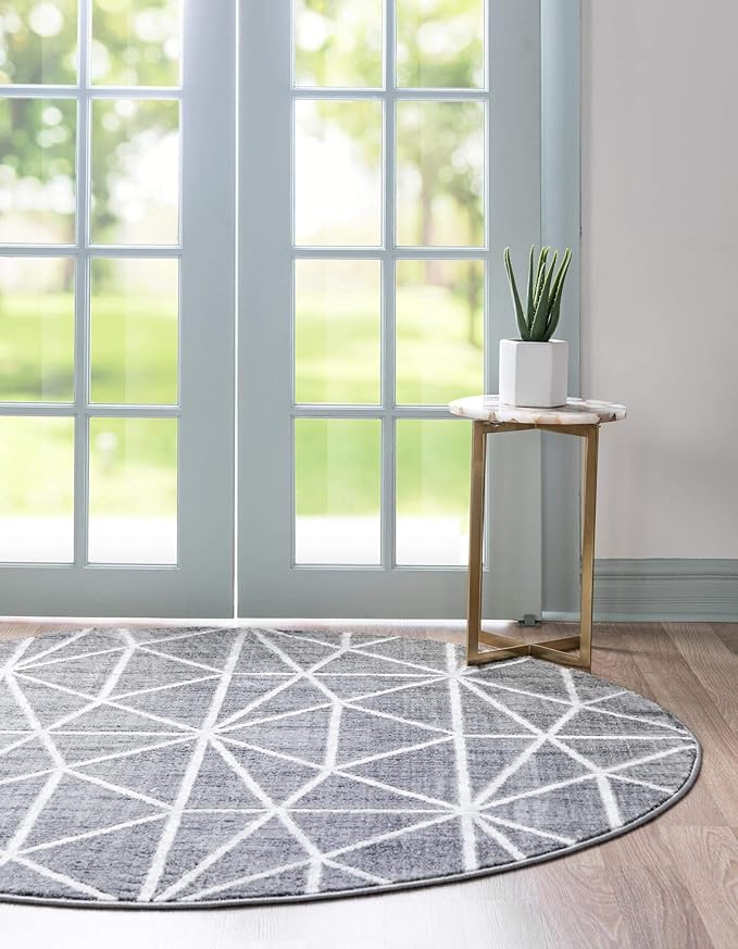 Rugs.com Lattice Trellis Collection Rug – 8 Ft Round Gray Low-Pile Rug Perfect for Kitchens, Dining Rooms