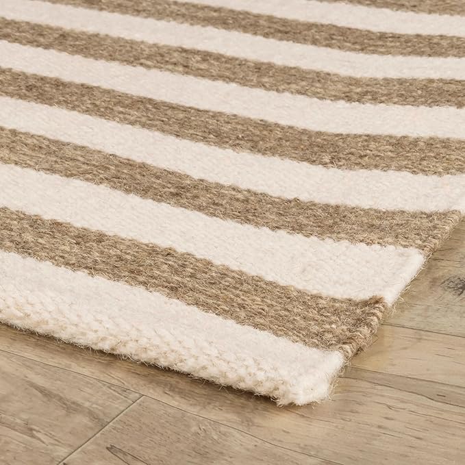 Home Conservatory Ladder Stripe Natural/Ivory Handwoven Wool 5 X 8 Feet, Ivory/Multicolored Stripe Pattern