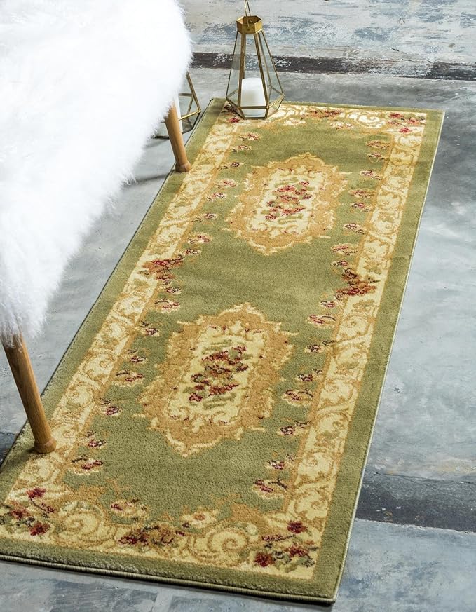 Rugs.com Chateau Collection Rug – 6 Ft Runner Green Medium Rug Perfect for Hallways, Entryways