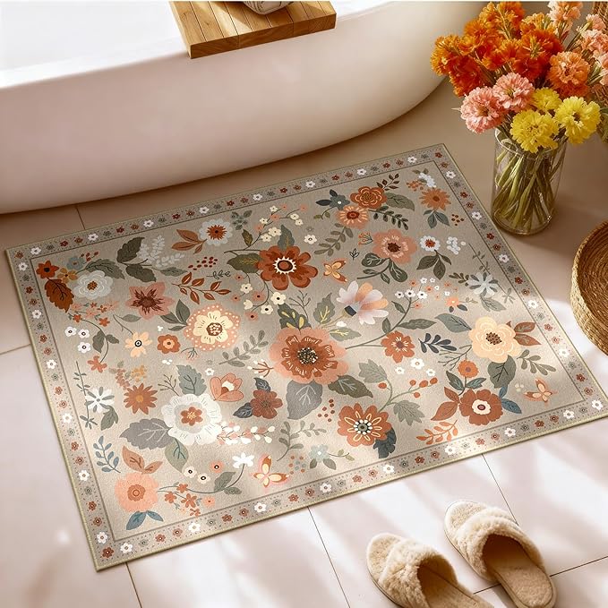 Floral 2x3 Area Rug Machine Washable Soft Print Boho Carpet Non Slip Doormat Low Pile Flower Area Rugs for Living Room Bedroom Nursery Kitchen Dining Room Indoor-Brown/Brick