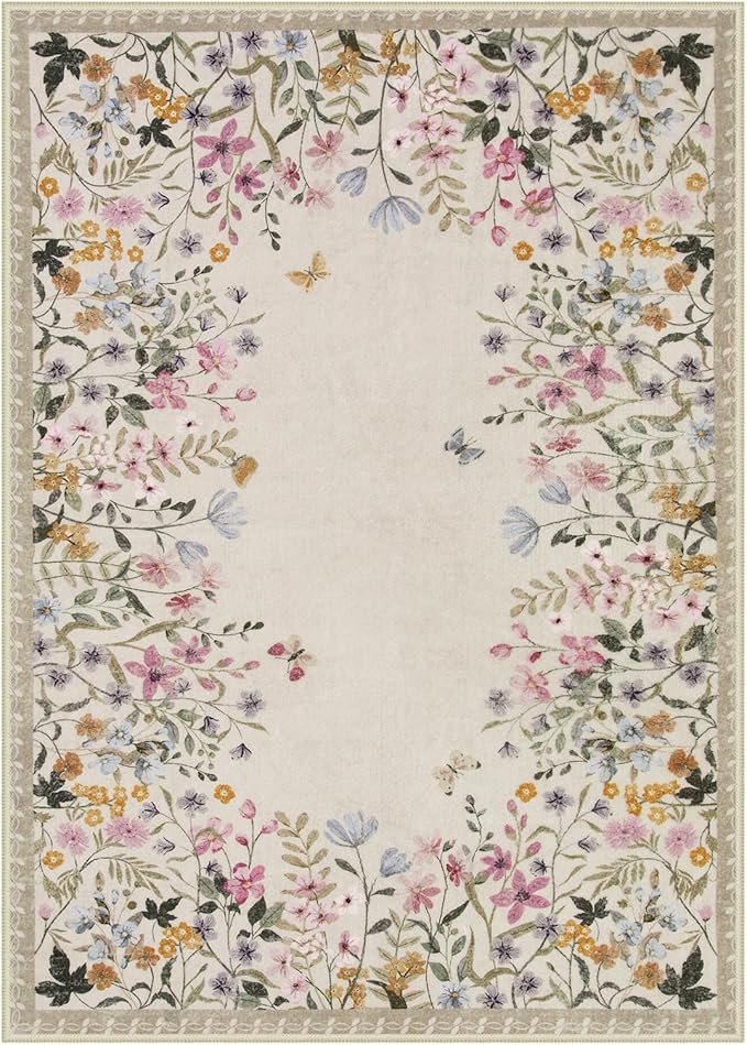 Lahome Boho Floral Beige Washable 5x7 Area Rugs for Living Room, Non Slip Rugs for Bedroom, Indoor Throw Dining Room Carpet for Under Table Entryway Kitchen Office(Beige,5x7)