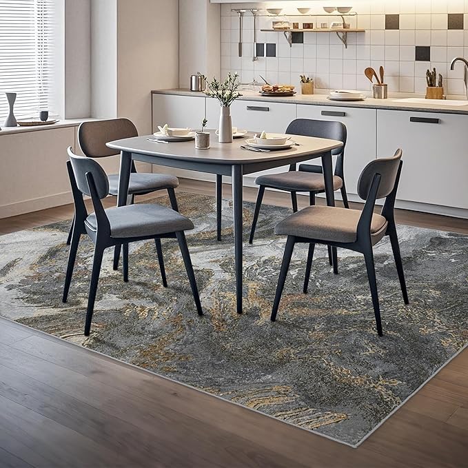 Modern Washable Rug for Living Room: Abstract 5x7 Area Rugs for Bedroom Low Pile Non Slip - Stain Resistant Carpet for Dining Room Indoor - Grey Gold