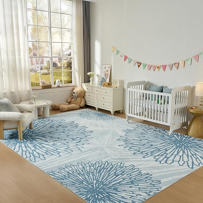 WITSHOCK 12x15 Washable Rug for Living Room,Modern Floral Distress Print Pattern Area Rugs,Stain Resistant with Non Slip Backing Carpet for Dining Room,Bedroom & Home Decor,Blue/Light Blue
