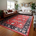 Area Rug for Living Room, 8x10 Machine Washable Non Slip Large Faux Wool Throw Rug, 0.3″ Low Pile & Non-Shedding Boho Large Carpet Rugs for for Dining Room, Bedroom, Office (Black Red)
