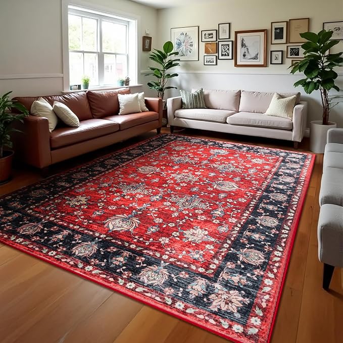Area Rug for Living Room, 8x10 Machine Washable Non Slip Large Faux Wool Throw Rug, 0.3″ Low Pile & Non-Shedding Boho Large Carpet Rugs for for Dining Room, Bedroom, Office (Black Red)