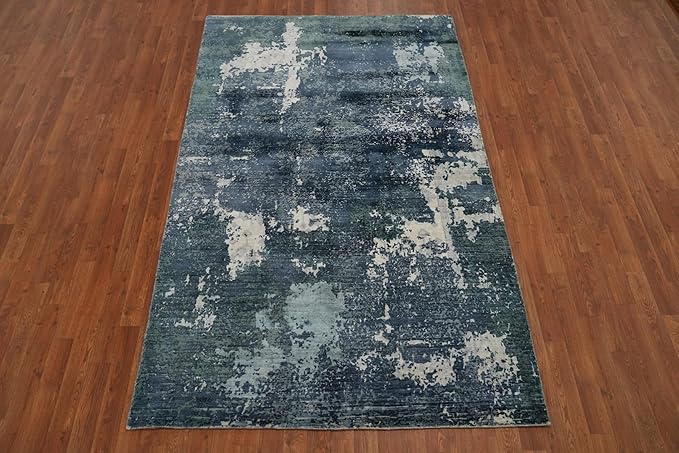 Rug Source Modern Collection, 5x8 Rug, Hand Knotted Navy Blue & Blues All-Over Rug, Oriental Viscose Silk Carpet for Foyer, Entryway and Hallway
