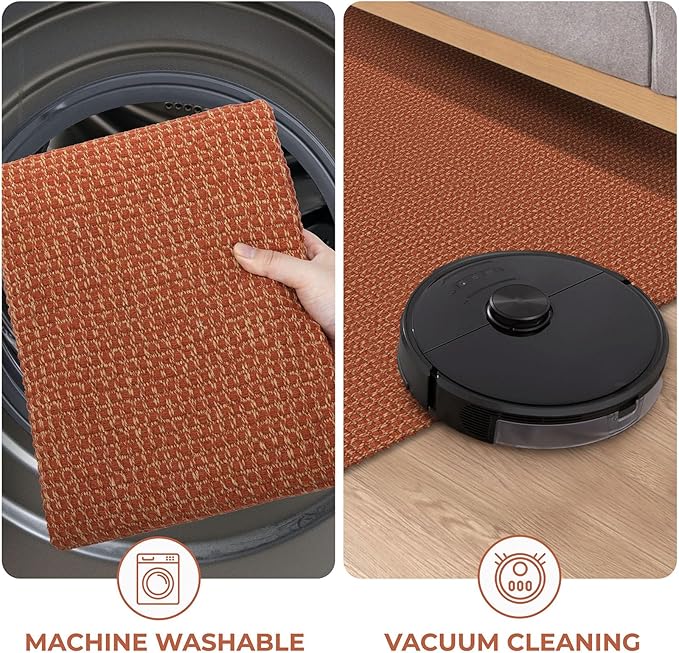 KOZYFLY Washable Area Rug 6x9 ft Rubber Backed Non Slip Rugs for Living Room Braided Cotton Bedroom Rug Woven Office Rugs Indoor Outdoor Floor Carpets for Dining Bedroom Living Room, Orange/Tan