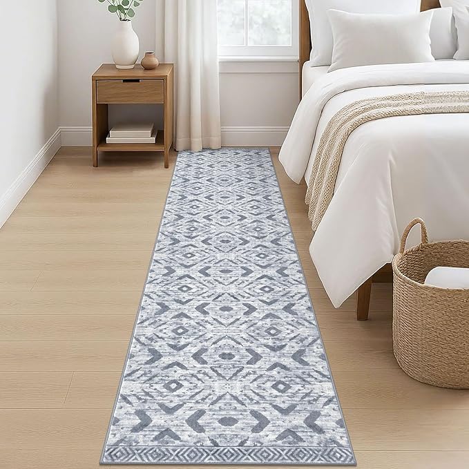 KILOCOCO Hallway Runner Rug 2'x8' Runners for Hallways Washable Runner Rug Non Slip Laundry Room Rugs Low-Pile Runners for Bedroom Kitchen Living Room Boho Rugs, Grey White