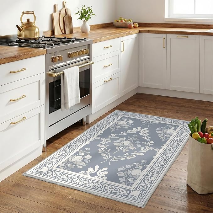 SOULFUL Medium Pile 2x3 Entryway Rug - Soft Underfoot Small Area Rug - Greige Boho Floral - Washable Non-Slip - Perfect for Hallway Kitchen Bedroom Bathroom Indoor Entrance