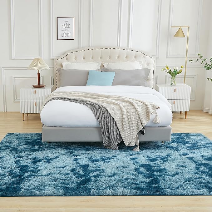 Andency 8x10 Area Rugs for Living Room, Non-Slip Fluffy Soft Large Shag Bedroom Carpet, Tie-Dyed Navy Blue Big Indoor Thick Nursery Rug for Kids Dorm Home Decor Aesthetic