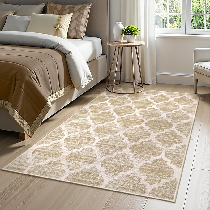 Lahome Moroccan Washable Rugs 3x5 - Non-Slip Entryway Rug Boho Soft Bedroom Rugs Aesthetic Throw Office Taupe Print Distressed Indoor Floor Carpet for Bathroom Laundry Room Dining Room