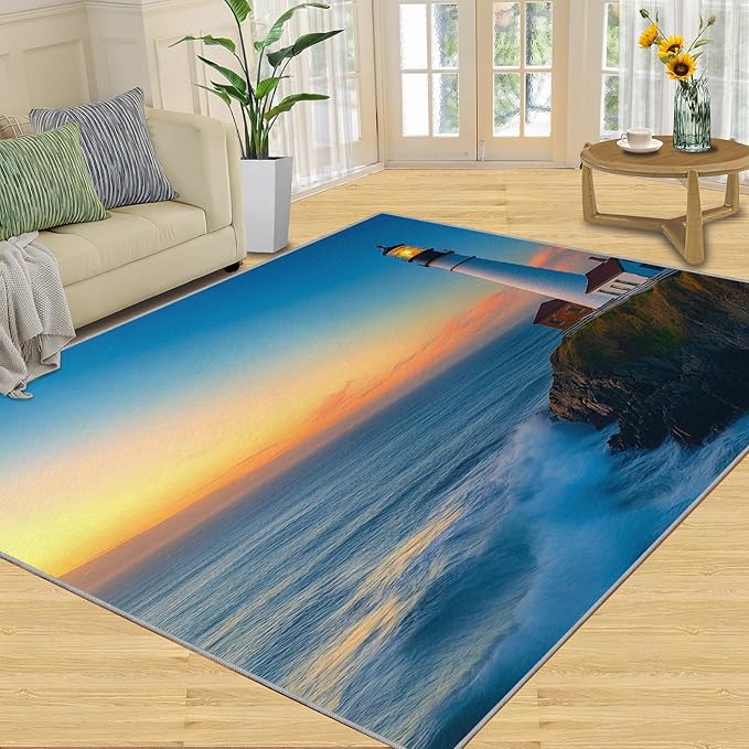 Coastal Rugs for Bedroom - 5x6 Area Rug - Ocean Lighthouse Rugs for Living Room, Sunset Ocean Scenery Rug, Non-Slip Washable Home Decor Carpet