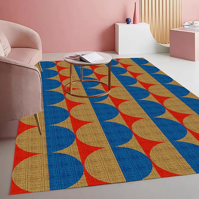 Modern Geometric Area Rug with 3D Layered Double Circle Texture Blue and Brown Red Abstract Minimalist Rugs for Living Room Bedroom Nursery Room Playroom Home Office Washable Indoor Carpet 2x6