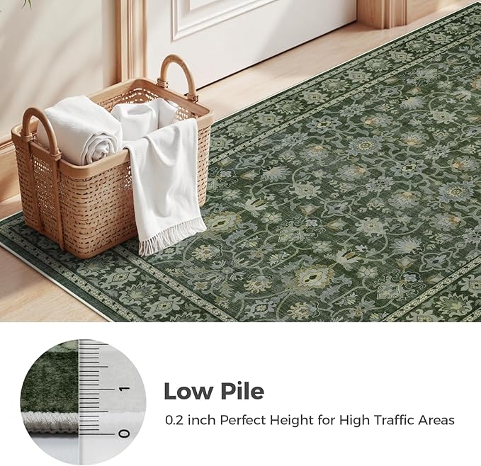 LIVEBOX Washable Area Rug 5x7 - Large Green Boho Living Room Rug Vintage Rugs for Bedroom, Lightweight Retro Carpet Floral Accent Rugs for Dining Room High Traffic Area
