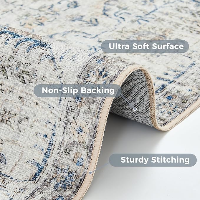 jinchan Kalen Runner Rug 2x7 Washable Hallway Rug Vintage Runner Indoor Floor Cover Thin Retro Distressed Floral Country Non Slip Carpet for Entryway Bathroom Kitchen Bedroom Living Room Stairway Blue