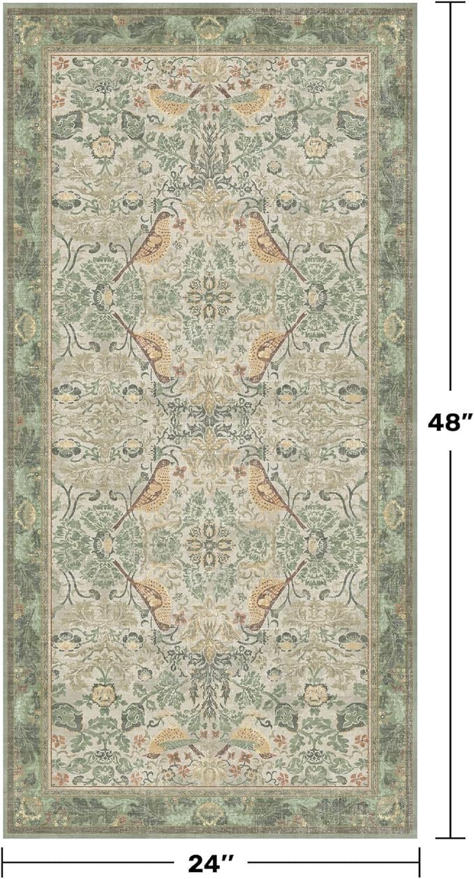 Washable Sage Green Floral Rugs for Entryway - Small 2x4 Runner Rug for Kitchen Bathroom Door Mat Indoor Entrance with Bird & Botanical Pattern, Light Green and Beige, Non Slip Low Pile