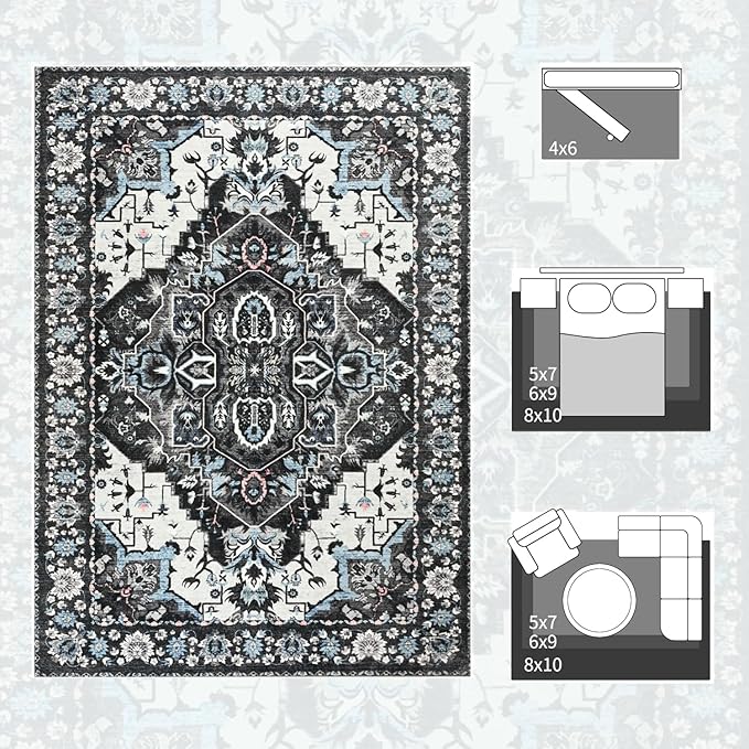 Beglad Area Rugs 5x7 for Living Room, Bedroom, Washable Vintage Rugs -Low Pile Soft Distressed Rugs for Kitchen, Dining Room, Non Shedding, Black and Blue