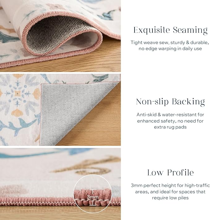Phantoscope Washable Area Rug 9'x12' Non-Slip, Vintage Floral Boho Rugs for Living Room, Bedroom, DiningRoom, Soft Botanical Moroccan Pattern, Low-Pile Foldable Floor Carpet, Ivory Pink/Boho Garden