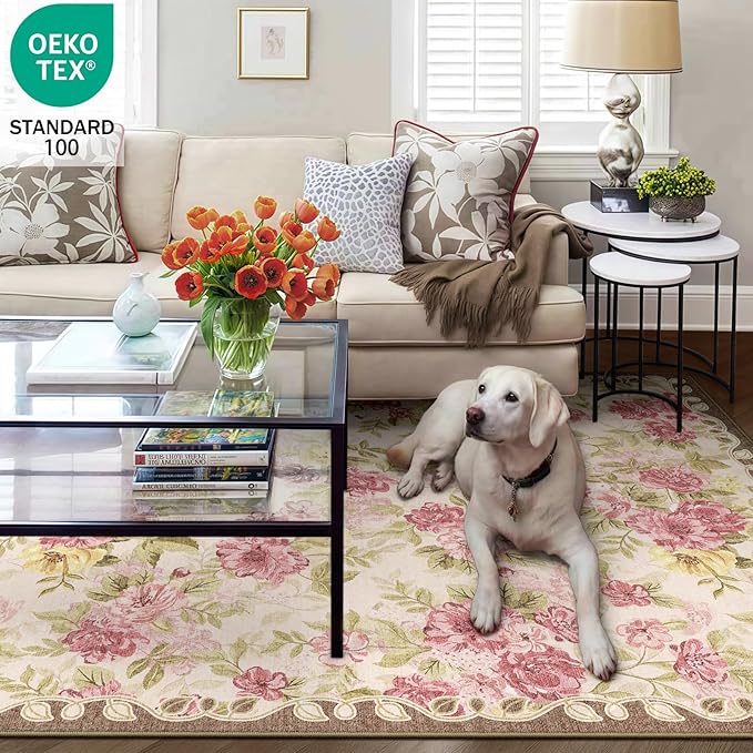 4x6 Machine Washable Area Rug for Living Room, Pink Vintage Boho Floral Rug Large Non-Slip Low Pile Soft Faux Wool Carpet, Kids and Pets Friendly for Bedroom Dining Room Farmhouse Home Decor Rug