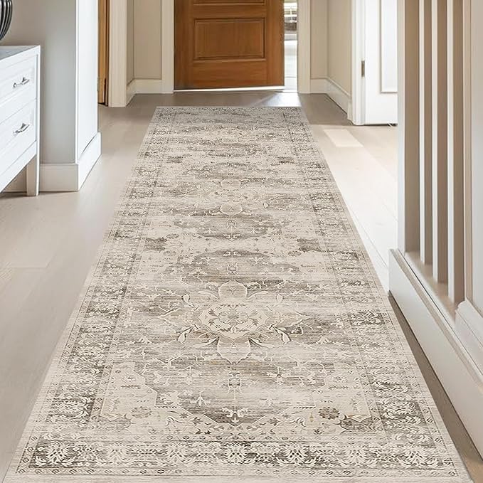 Washable Runner Rugs for Hallways 2x8 Non-Slip Hallway Runner Rugs for Entrance Bedroom Low Pile Vintage Runners Beige