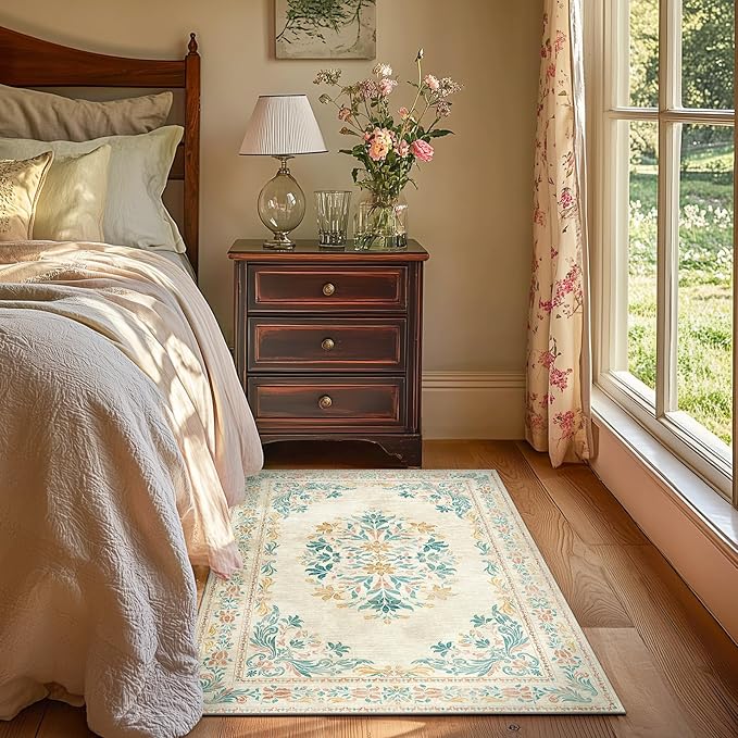 jinchan Vintage Floral 3x5 Area Rugs for Entryway - Machine Washable Distressed Design Ultra-Thin Low-Pile Soft Non-Shedding Carpet for Kitchen Bedroom Laundry Living Room (3x5ft, Apricot Multi)