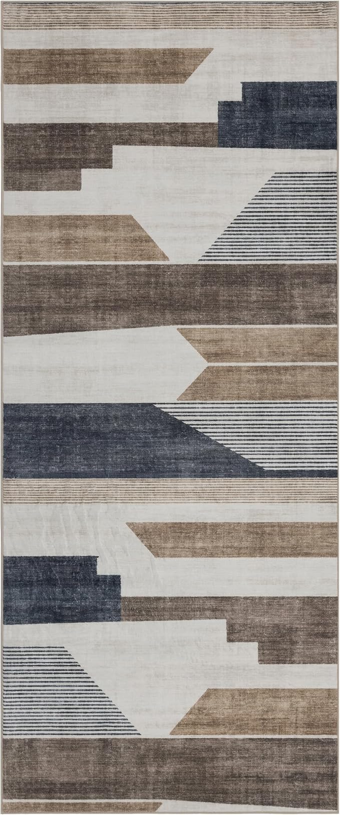 ReaLife Rugs Machine Washable Area Rug Runner - Living Room Bedroom Bathroom Kitchen Entryway Office - Non-Slip Baking Low Pile Stain Resistant Premium - Modern Geometric - Theo - Beige 2'6" x 6'