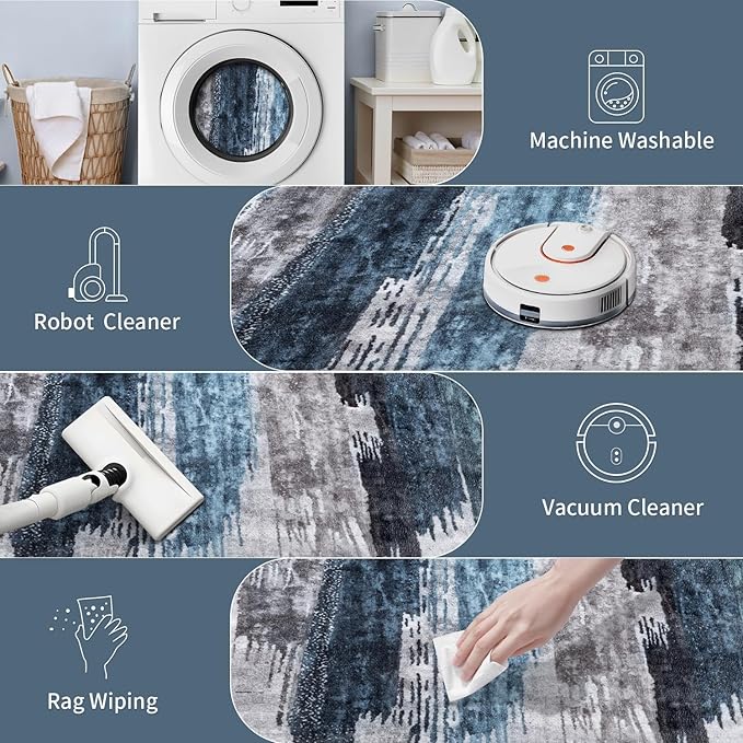Ciicool 8ft Round Washable Rug, Modern Abstract Circle Rugs, Non-Slip Thin Lightweight Rug Navy Grey Circular Print Distressed Carpet for Bedroom Living Room Under Dining Table Home Office Decor