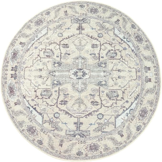 GLN Rugs Traditional Collection - Machine Washable Area Rug, Traditional Washable, Non Slip, Low Pile Chenille Rug, Living Room, Bedroom, Kitchen Rug (5'3" Round Cream/Gray)