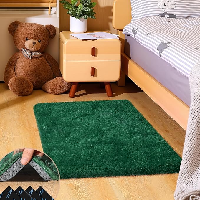 2x3 Dark Green Rugs for Bedroom Living Room, Fluffy Small Area Rug Soft Shag Carpet for Kids Boys and Girls Room with 4 Rugs Non-Slip Stickers Dorm Home Decor (2ft x 3ft)