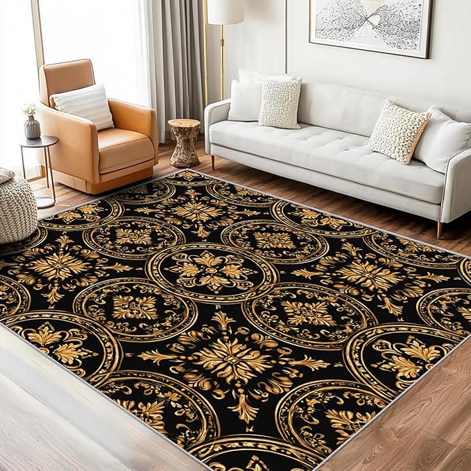 Black Gold Baroque Rug, Washable 6x8 Rug for Living Room, Floral Geometric Patterned Indoor Carpet, Black Gold Baroque Decor for Home, Bedroom, Soft Non Slip Thin Design FER70
