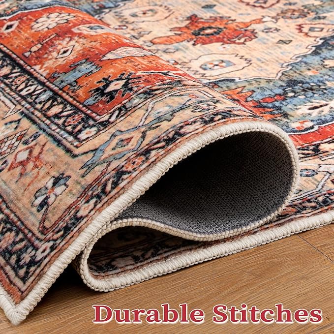 SERISSA Washable Rugs 9x12 Area Rugs, Large Non-Slip Boho Living Room Rug, Ultra Soft Vintage Print Distressed Oriental Tribal Farmhouse Carpet for Dining Room Bedroom Dorm Office Home Decor