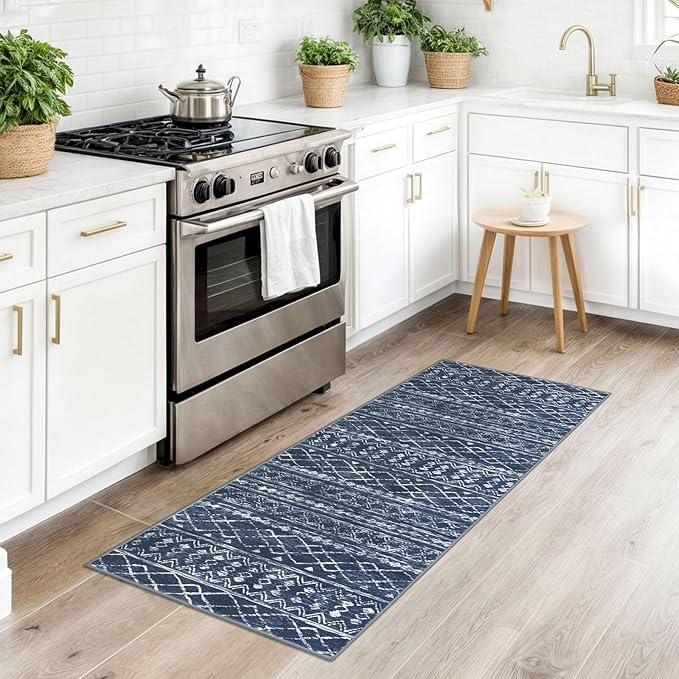 KUTA Boho Kitchen Rugs 2x5 ft Navy Blue Moroccan Washable Runner Rug Non-Slip Vintage Hallway Runners Ultra Soft Distressed Geometric Floor Carpet for Bedroom Laundry Living Room