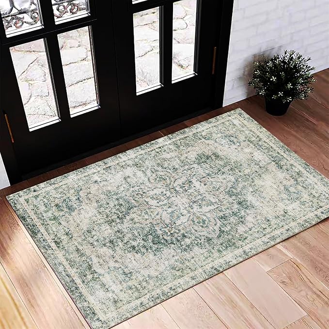 Washable Area Rug 2'x3' Door Mat Vintage Distressed Doormat Indoor Entrance Traditional Thin Rug Floral Print Non Slip Carpet for Kitchen Bathroom Bedroom Living Room