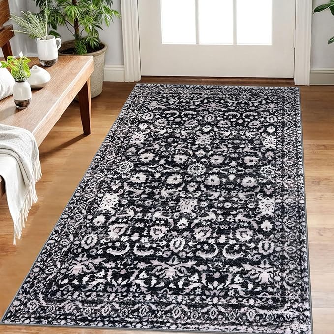 Vintage Floral 3x5 Rug, Black and White Entryway Rug Small Area Rug Washable Non-Slip Throw Rug, Thin Printed Faux Wool Low-Pile Kitchen Rugs Super Soft Capet for Entrance Bedroom Office