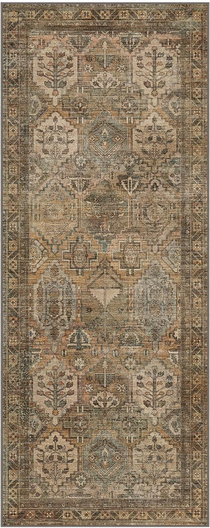 Bavni Kitchen Rug 2x5 Runner Rugs for Hallways Entryway, Washable Vintage Print Carpet, Ultra-Thin Chenille Low Pile Lightweight Rug with Non Slip Backing, Warm Taupe
