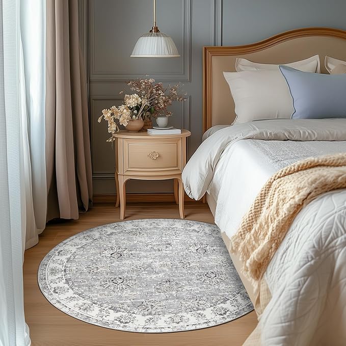 jinchan Fiora Round Rug 4ft Area Rugs Vintage Floral Distressed Design - Machine Washable Non-Slip Low-Pile Ultra-Thin Circle Rug for Entryway Bedside Living Room Dining Room Bedroom (4' Round, Grey)