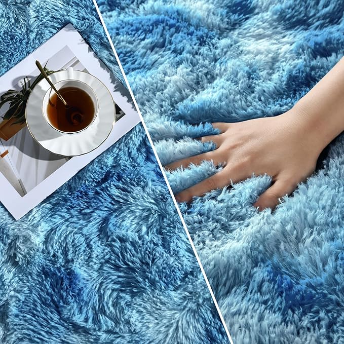 Large Shag Area Rugs 8 x 10, Tie-Dyed Plush Fuzzy Rugs for Living Room, Ultra Soft Fluffy Furry Rug for Bedroom, Indoor Carpet Nursery Rugs for Kids Room Home Decor,Bright Blue
