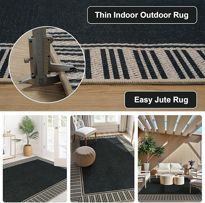 OJIA Easy Jute 3x5 Outdoor Rug Front Door Mats Washable Rugs for Entryway, Striped Border Black Rug Non-Slip Indoor Doormat Outdoor Porch Rug Farmhouse Area Rug for Outside Patio Living Room