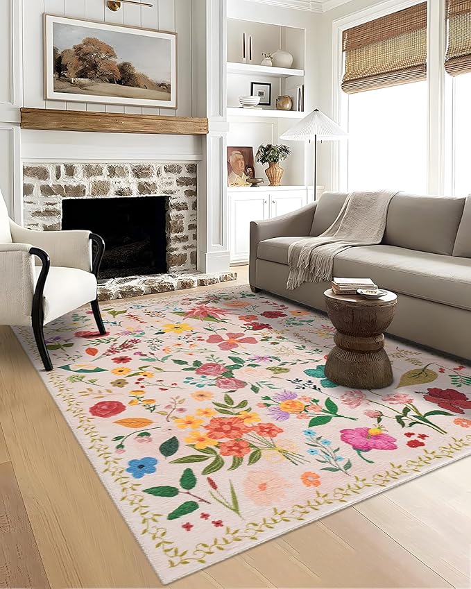 Boho Washable Area Rug 5x7 – Floral Low Pile Non-Slip Carpet for Living Room, Bedroom, Office, Playroom, Entryway, Kitchen, Dining Room (Beige)