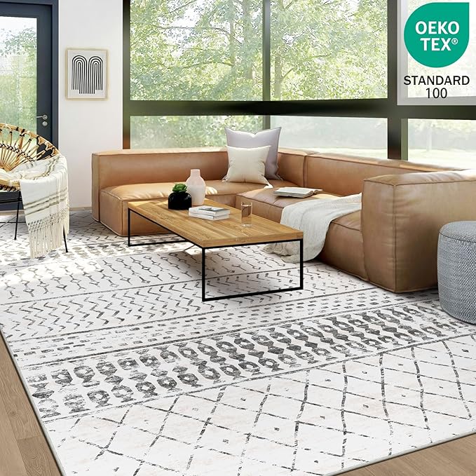 8x10 Machine Washable Area Rug for Living Room, Grey White Vintage Moroccan Rug Large Non-Slip Low Pile Soft Faux Wool Carpet, Kids and Pets Friendly for Bedroom Dining Room Farmhouse Home Decor Rug