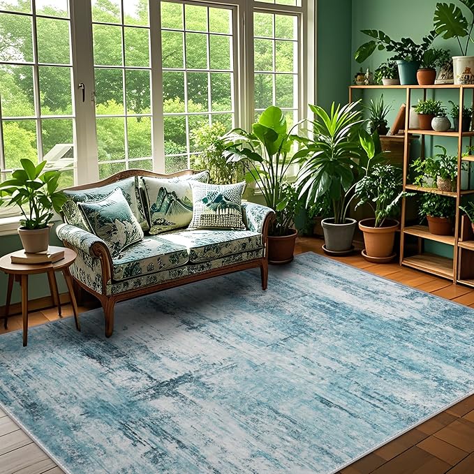 6x8 Area Rugs, Modern Abstract Teal Grey Washable Rug for Living Room, Soft Large Non-Slip Carpet for Bedroom Dining Room Home Office Farmhouse Decor - Teal+Gray