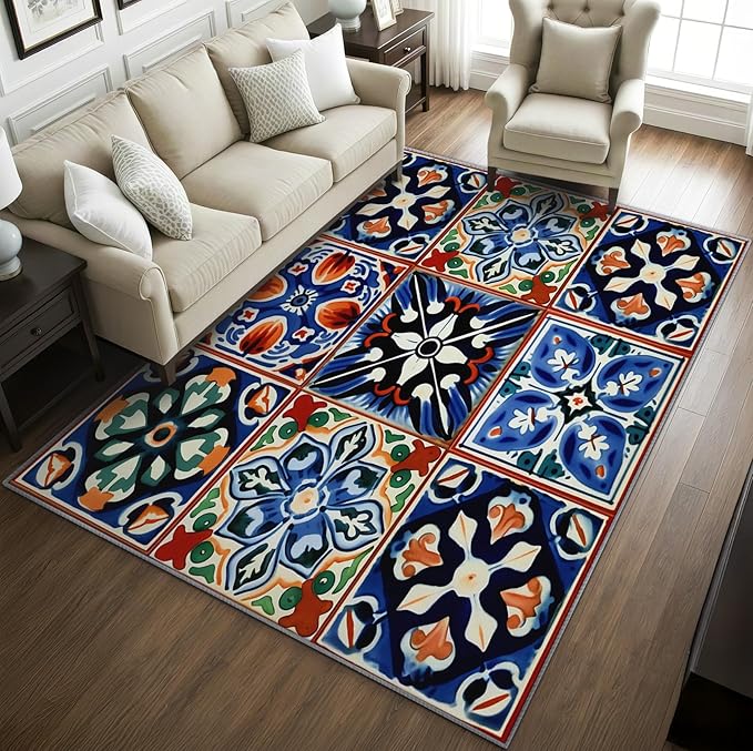 Moroccan Trellis Rugs 8x10-7x10 ft, Moroccan Tile Rug, Colorful Trellis Area Rugs for Living Room Bedroom, Geometric Patchwork Washable Rug Non-Slip Carpet, Oriental Traditional Decor & Gifts